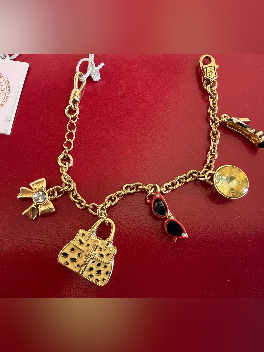 Y2K Juicy Couture Gold Charm Bracelet with Handbag, Sunglasses & Bow Charms NEW